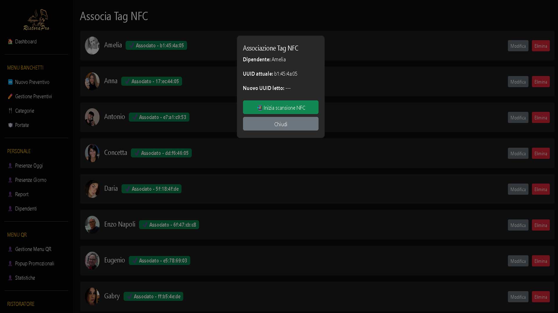 Modale associazione TAG NFC