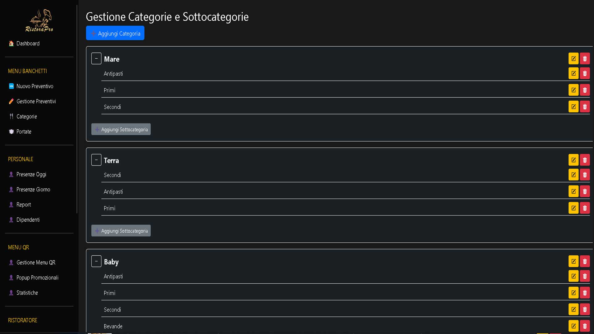 Gestione categorie e sottocategorie
