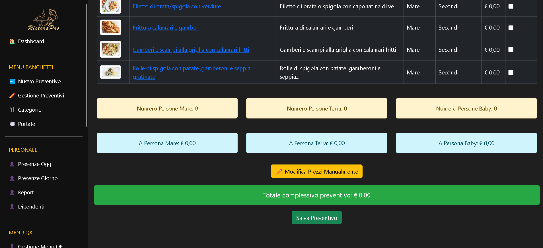 Prezzi per tipo di menu