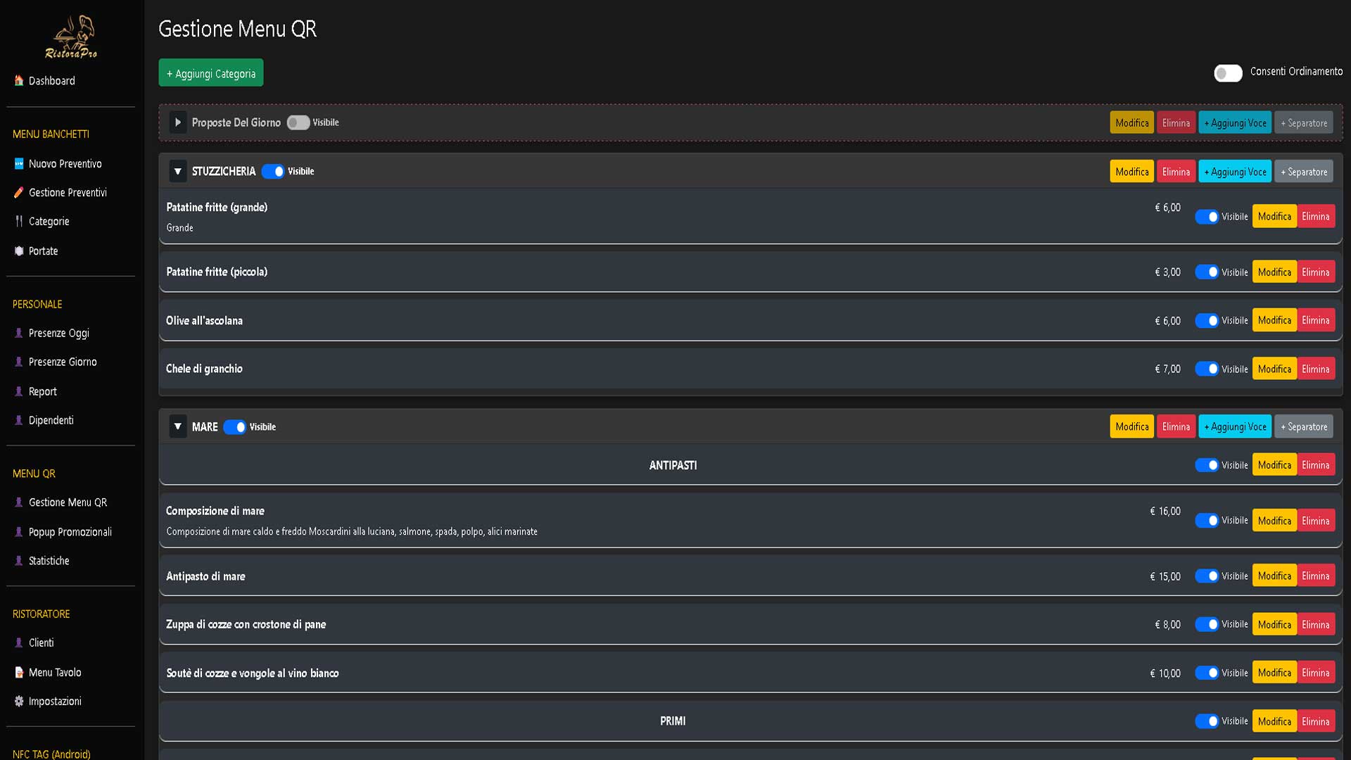 Visualizzazione Voci Menu
